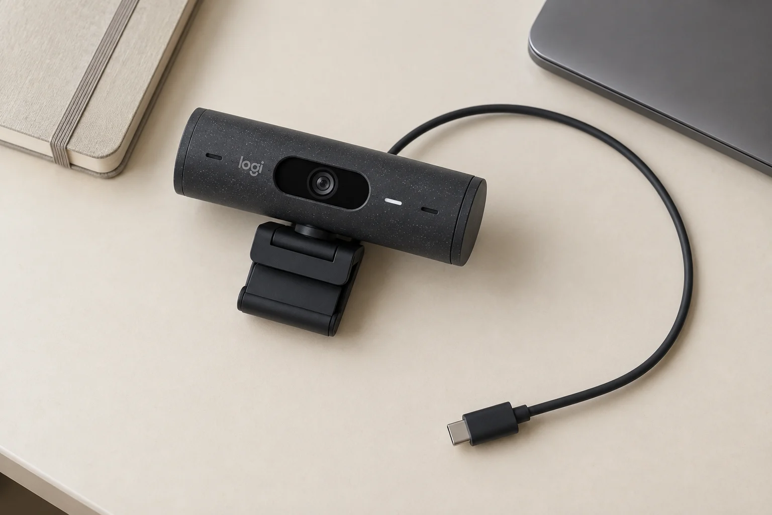 Brio 500과 고정 USB-C 케이블을 위에서 본 AI 연출 이미지