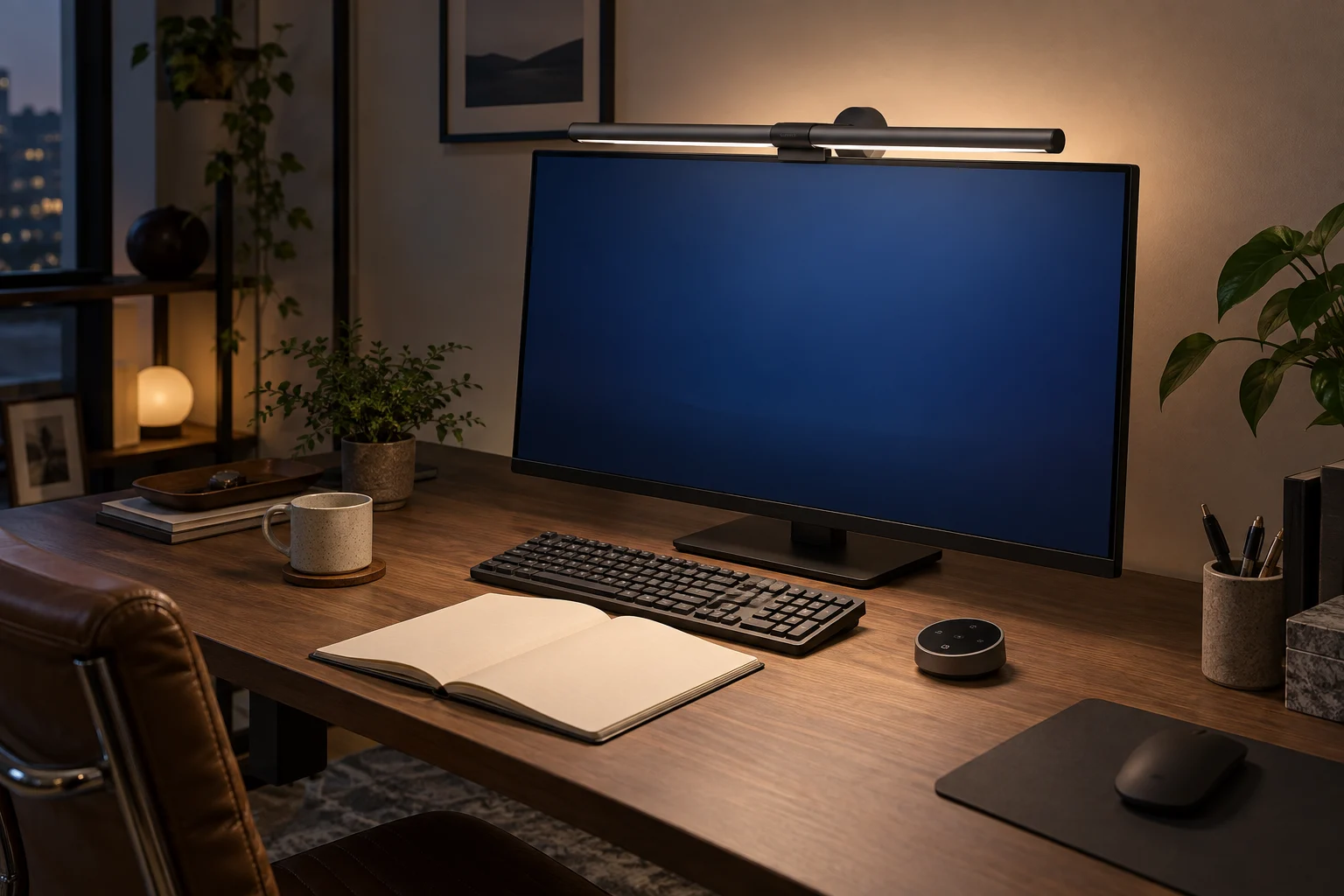 모니터 위 ScreenBar Halo와 저녁 책상을 상상한 AI 연출 이미지
